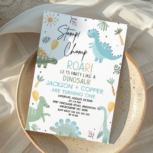 Blauw Groen Stomp Chomp Twins Dinosaurus 1e Verjaa Kaart