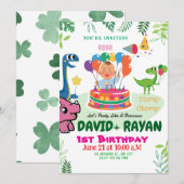 Blauw Groen Stomp Chomp Twins Dinosaurus 1e Verjaa Kaart (Voorkant / Achterkant)