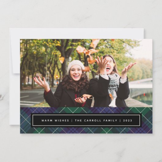 Blauw Groen Tartan Plaid Dubbelzijdig Foto Feestdagenkaart (Voorkant)