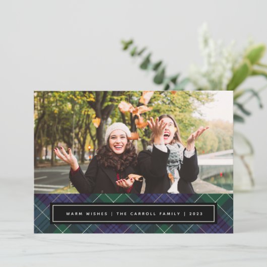 Blauw Groen Tartan Plaid Dubbelzijdig Foto Feestdagenkaart (Staand voorkant)