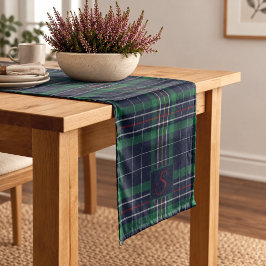 Blauw Groen Tartan Plaid Monogram Korte Tafelloper