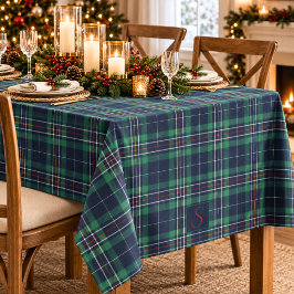 Blauw Groen Tartan Plaid Monogram Tafelkleed