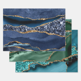 Blauw Groen Teal Goud Glitter Agate Trendy  Inpakpapier Vel