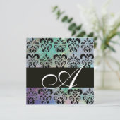 BLAUW GROEN TEAL ZWART DAMASK MONOGRAM , wit Kaart (Staand voorkant)