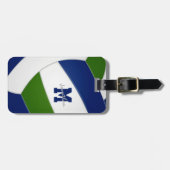 Blauw groen team kleuren monogram volleybal bagagelabel (Voorkant horizontaal)