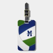 Blauw groen team kleuren monogram volleybal bagagelabel (Voorkant verticaal)