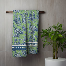  blauw groen toile de jouy bedrukt bad handdoek