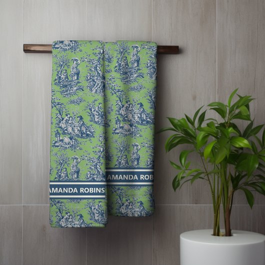  blauw groen toile de jouy bedrukt bad handdoek
