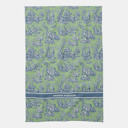 blauw groen toile de jouy bedrukt theedoek (Verticaal)