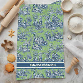  blauw groen toile de jouy bedrukt theedoek