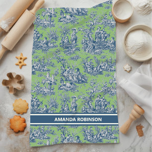  blauw groen toile de jouy bedrukt theedoek