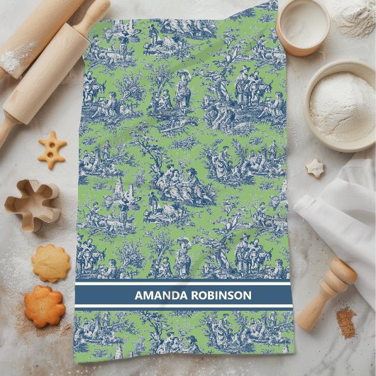  blauw groen toile de jouy bedrukt theedoek