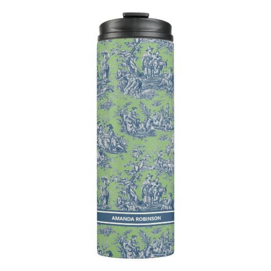  blauw groen toile de jouy bedrukt thermosbeker (Voorkant)