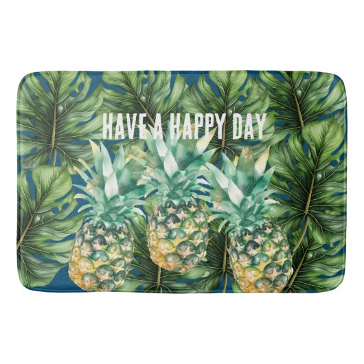 Blauw Groen Tropisch Bladeren Ananas Badmat (Voorkant)