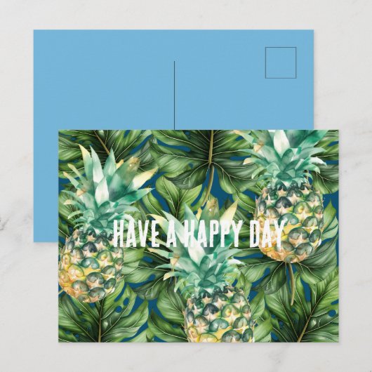 Blauw Groen Tropisch Bladeren Ananas Briefkaart (Voorkant / Achterkant)