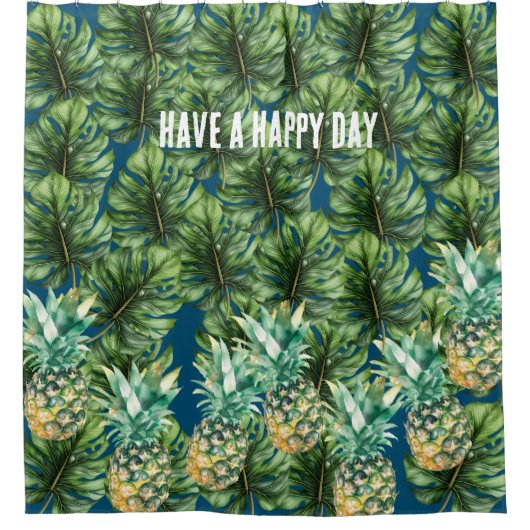 Blauw Groen Tropisch Bladeren Ananas Douchegordijn (Voorkant)