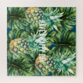 Blauw Groen Tropisch Bladeren Ananas Legpuzzel (Horizontaal)