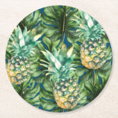 Blauw Groen Tropisch Bladeren Ananas Ronde Kartonnen Onderzetter (Voorkant)