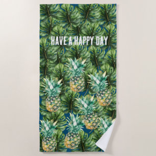 Blauw Groen Tropisch Bladeren Ananas Strandlaken