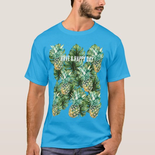 Blauw Groen Tropisch Bladeren Ananas T-shirt (Voorkant)