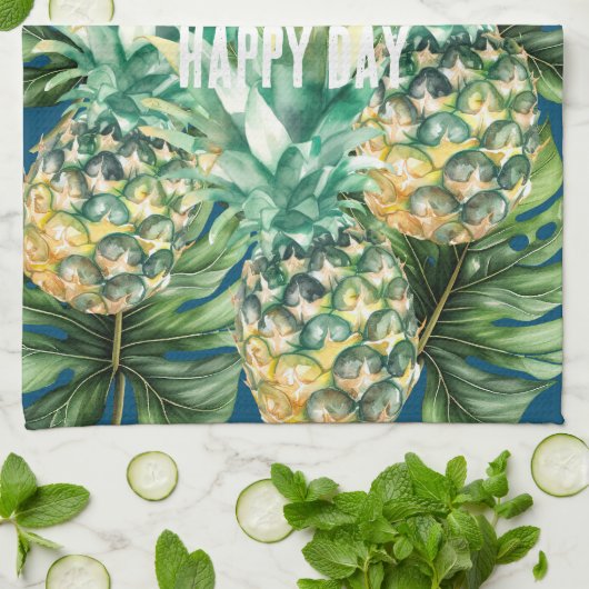 Blauw Groen Tropisch Bladeren Ananas Theedoek (Gevouwen)