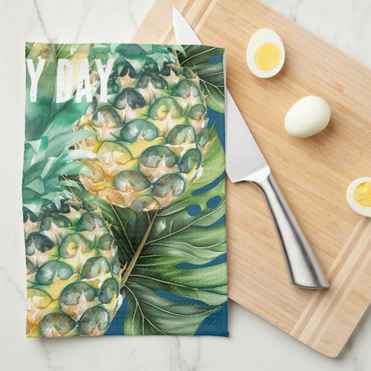 Blauw Groen Tropisch Bladeren Ananas Theedoek (Quarter Fold)