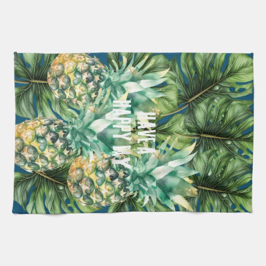 Blauw Groen Tropisch Bladeren Ananas Theedoek (Horizontaal)