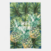 Blauw Groen Tropisch Bladeren Ananas Theedoek (Verticaal)
