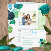 Blauw, Groen, Turquoise Botanische Rozen Bruiloft Kaart