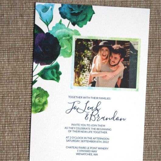 Blauw, Groen, Turquoise Botanische Rozen Bruiloft Kaart