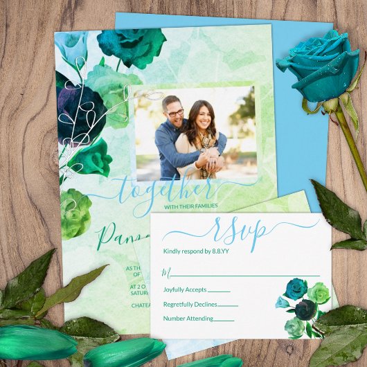Blauw, Groen, Turquoise Rozen Bruiloft Zilver Folie Uitnodiging