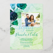 Blauw, Groen, Turquoise Rozen Bruiloft Zilver Folie Uitnodiging (Voorkant)