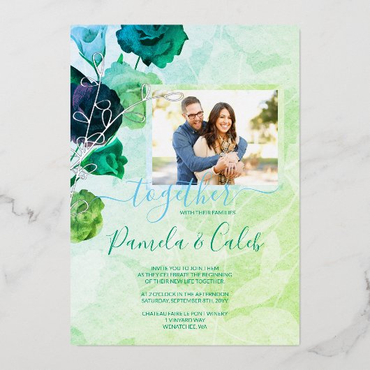 Blauw, Groen, Turquoise Rozen Bruiloft Zilver Folie Uitnodiging (Voorkant)