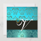 BLAUW GROEN TURQUOISE ZWART GOUD DAMAST MONOGRAM, KAART (Voorkant)