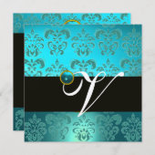 BLAUW GROEN TURQUOISE ZWART GOUD DAMAST MONOGRAM, KAART (Voorkant / Achterkant)
