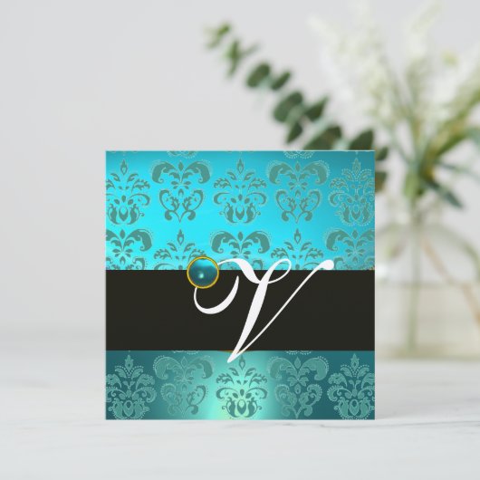 BLAUW GROEN TURQUOISE ZWART GOUD DAMAST MONOGRAM, KAART (Staand voorkant)