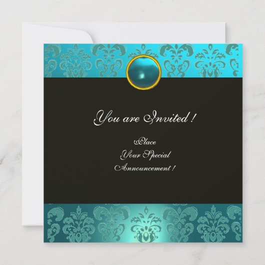BLAUW GROEN TURQUOISE ZWART GOUD DAMAST MONOGRAM, KAART (Achterkant)