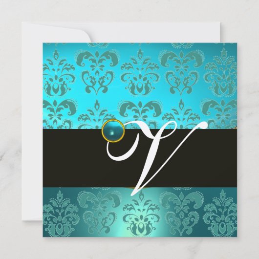 BLAUW GROEN TURQUOISE ZWART GOUD DAMAST MONOGRAMME KAART (Voorkant)