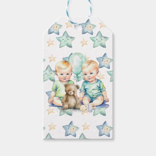 Blauw Groen Twin Baby Boys Baby shower of Nieuwe B Cadeaulabel (Voorkant)