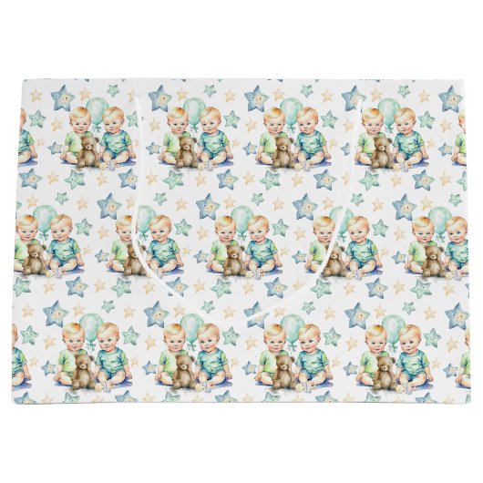Blauw Groen Twin Baby Boys Baby shower of Nieuwe B Groot Cadeauzakje (Voorkant)