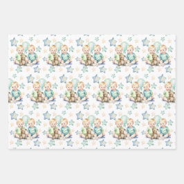 Blauw Groen Twin Baby Boys Baby shower of Nieuwe B Inpakpapier Vel