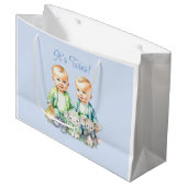 Blauw, Groen Twins Waterverf Baby shower Groot Cadeauzakje (Voorkant Gekanteld)