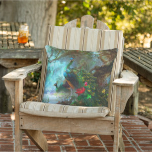 Blauw Groen Veer Pauw Vogel Bloem Patio Buitenkussen