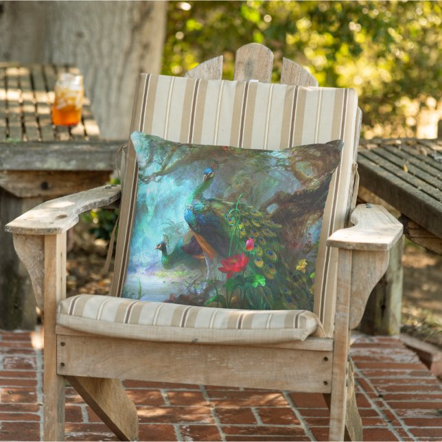 Blauw Groen Veer Pauw Vogel Bloem Patio Buitenkussen (Stoel)