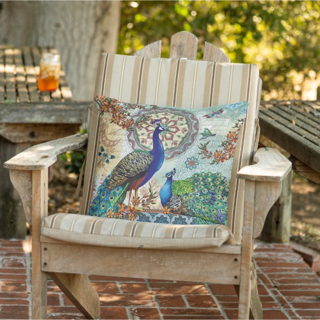 Blauw Groen Veer Pauw Vogel Bloemen Patio Buitenkussen (Stoel)