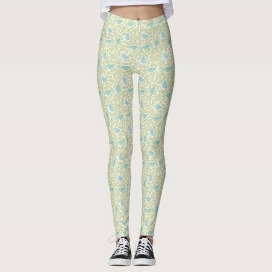 Blauw Groen Vogel Patroon Mijn Vogel kijken Leggings (Voorkant)