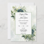 Blauw Groen waterverf bloeit Bruiloft Uitnodiging (Voorkant)