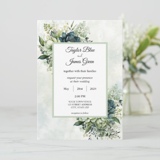 Blauw Groen waterverf bloeit Bruiloft Uitnodiging (Staand voorkant)