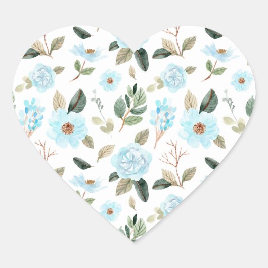 Blauw Groen Waterverf Bloemen Hart Sticker (Voorkant)