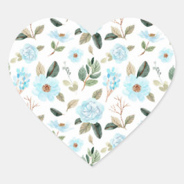 Blauw Groen Waterverf Bloemen Hart Sticker